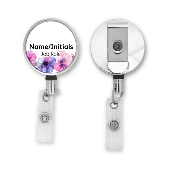 Personalised Metal ID Reel - Pink & Purple Pansies Border