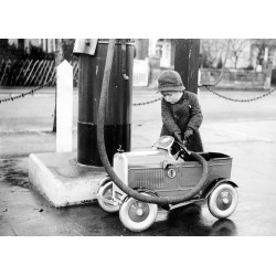 Holy Mackerel filling up retro black and white photographic card featuring a vintage image of children with their toy car - 12.6 x 17.7cm and blank inside