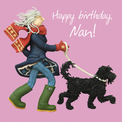 Holy Mackerel dog walking nan birthday card for a grandmother - designed by artist Erica Sturla - 15cm square and blank inside for your message - made in the UK