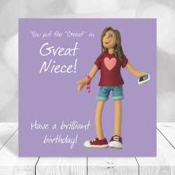 Great niece birthday card for her - designed by Erica Sturla - 15cm square and blank inside, made in the UK