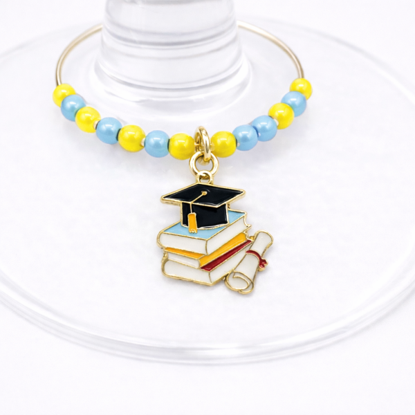 Handmade Wine Glass Charm - Enamel Graduation Cap, Books & Scroll