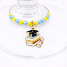 Handmade Wine Glass Charm - Enamel Graduation Cap, Books & Scroll
