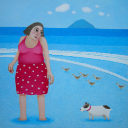 Holy Mackerel reluctant paddler beach themed art card for him or her - designed by artist Ailsa Black - 15cm square and blank inside for your message