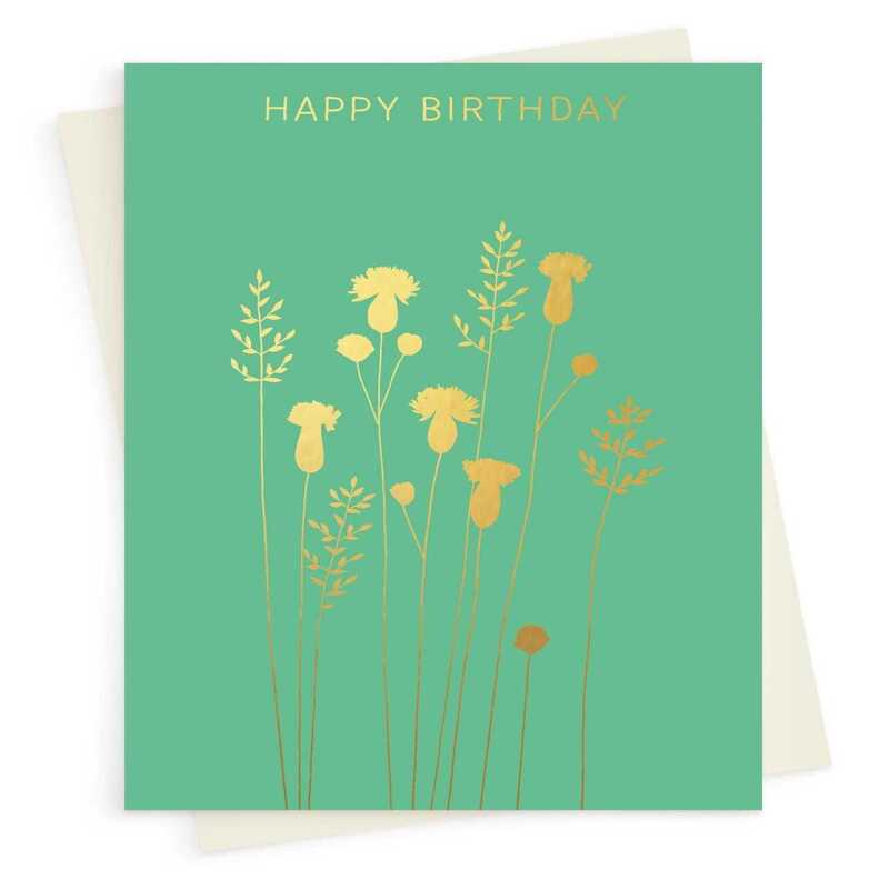 Happy birthday card with a pretty gold foil thistles and grass  print - designed by artist Eloise Hall - 15.7 x 11cm and blank inside