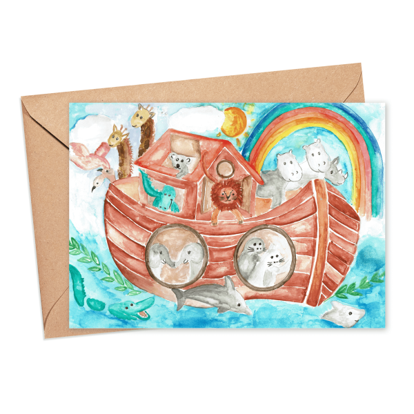 Christening Card - Watercolour Noah's Ark - Small (A6)