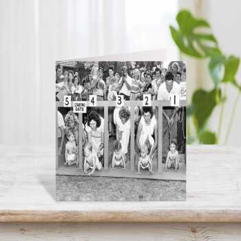 And they're off, black and white vintage photographic card featuring 1950's baby racing - 12.6 x 17.7cm and blank inside - made in the UK