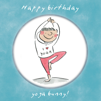 Holy Mackerel Yoga bunny, a 15cm square sports and fitness themed birthday card featuring Rosie Brooks artwork, blank inside for your message
