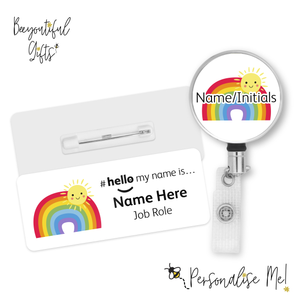 #hello my name is... Name Badge & Metal ID Reel - Cartoon Rainbow & Sun