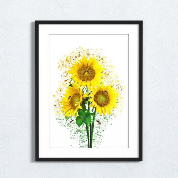 Sunflowers & Bees Splash Effect Art Print - A6 (Approx. 10cm x 15cm)