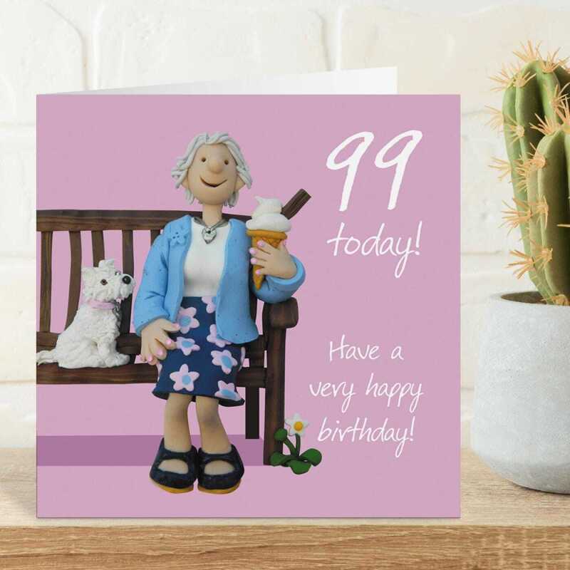 99th birthday card for her - designed by Erica Sturla - 15cm square and blank inside, made in the UK