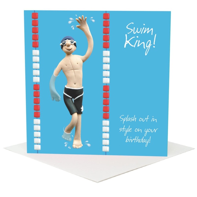 Swimming Birthday Card for Him - Swim King Polymer Clay Art by Erica Sturla - Funny Swimmer Card UK