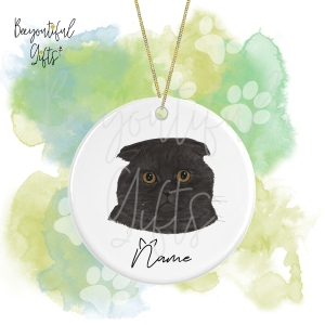 Personalised Watercolour Cat Face Round Ceramic Hanging Decoration - Scottish Fold - Face 3