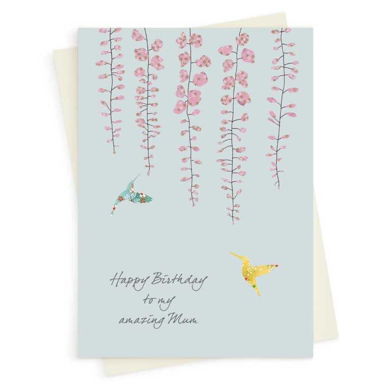 Wisteria and hummingbirds mum birthday card -  designed by Eloise Hall for Holy Mackerel - 15.7 x 11cm and blank inside, made in the UK