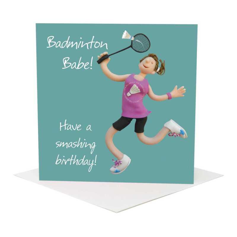 Badminton babe sports themed birthday card for her - designed by Erica Sturla - 15cm square and blank inside, made in the UK