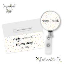 #hello my name is... Name Badge & Metal ID Reel - Colourful Polka Dots