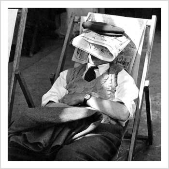 Holy Mackerel man sleeping retro black and white photographic card featuring a vintage image of a gentleman on his deckchair with a newspaper tucked under his hat - 15cm square and blank inside