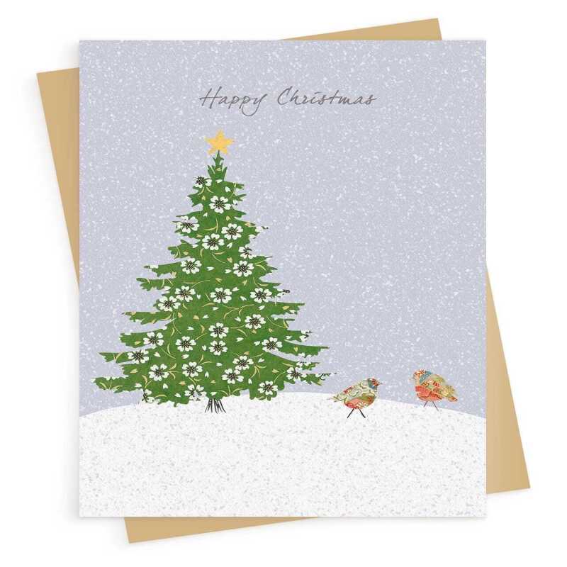 Robins and christmas tree card -  designed by Eloise Hall - 15.7 x 11cm and blank inside, made in the UK