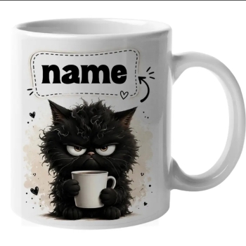 Personalised Black Cat White Ceramic Coffee Mug – Custom Name