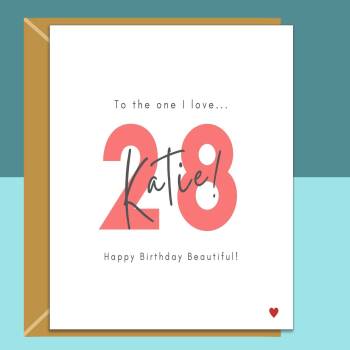 28th Birthday Card - personalised - for girlfriend, wife, Fiance - The one I love - 28 year old