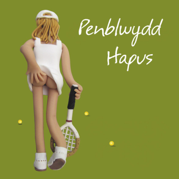 Penblwydd hapus cheeky tennis Welsh language birthday card by Erica Sturla. Card is 15cm square and blank inside