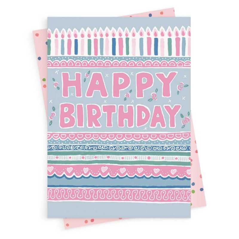 Happy birthday candles, a pretty and feminine birthday card with a gorgeous printed envelope - 12 x 17cm and blank inside - made in the UK