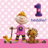 Holy Mackerel 1 Heddiw (one today) girl's Welsh 1st birthday card featuring a scooter and a lion toy - designed by artist Erica Sturla - 15cm square and blank inside for your message - made in the UK