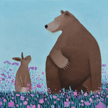 Holy Mackerel the unlikely friends bear and rabbit themed art card for him or her - designed by artist Ailsa Black - 15cm square and blank inside for your message