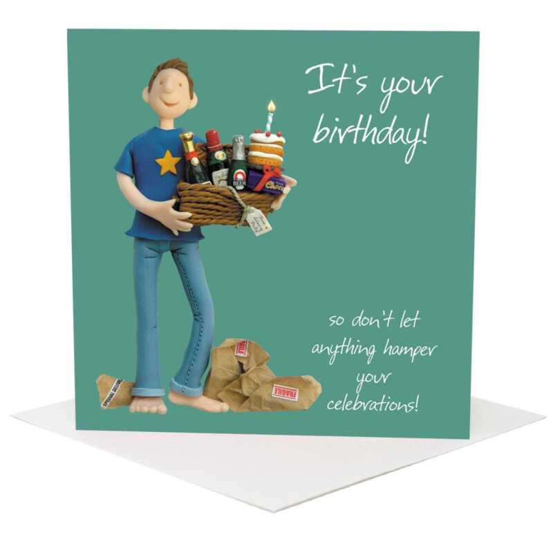 Celebration hamper male birthday card for him - designed by Erica Sturla - 15cm square and blank inside, made in the UK
