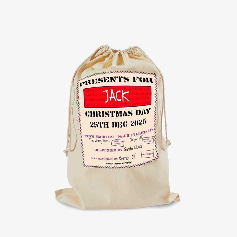 Santa Presents Printed Cotton Canvas Sack Personalised With a Name