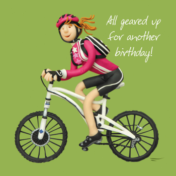 Holy Mackerel Bikes & cycling themed female birthday card by Erica Sturla, for sister, wife, daughter, mum, aunt, niece, friend etc.150mm square and blank inside