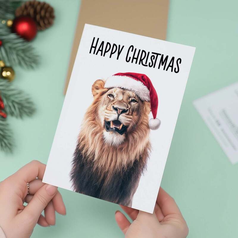 Fun Christmas Card of a Lion Wearing A Santa Hat Whimsical Christmas Card For Animal Lover For Him or Her - Portrait (5x7) / Blank Inside