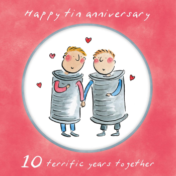 Holy Mackerel same sex LGBTQ+ 10th Tin anniversary card (male) by Rosie Brooks - blank inside - 15cm square