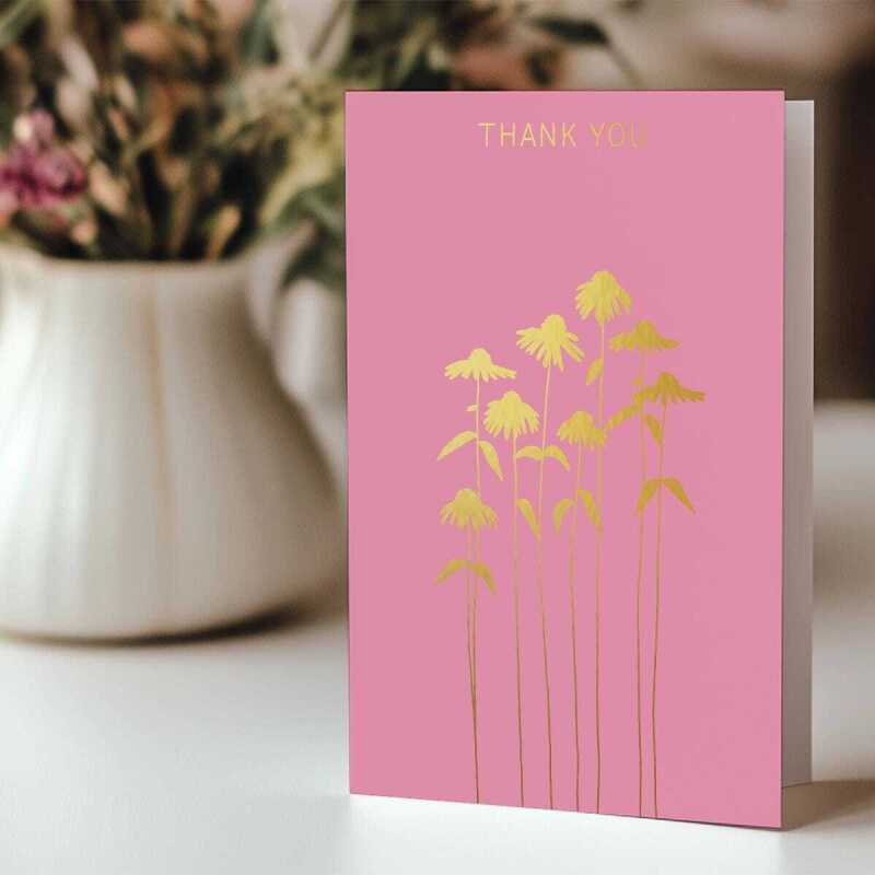 Echinacea Thank you card embellished with gold foil -  designed by artist Eloise Hall - 15.7 x 11cm and blank inside
