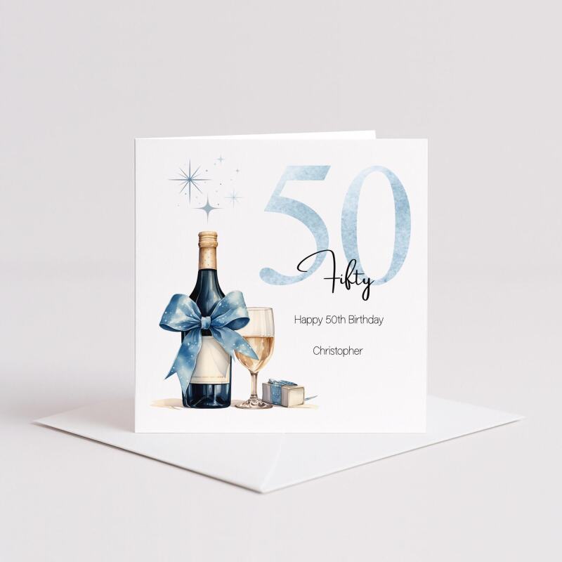 Personalised 50th Birthday Card for Him Blue Champagne Gift Box Milestone Mens - Smooth No Message - Kraft Brown