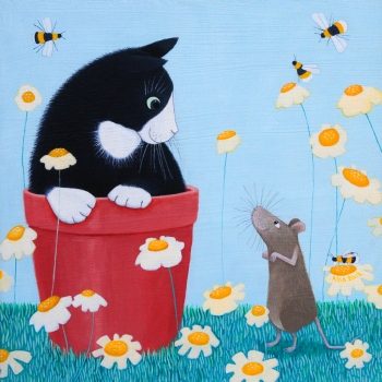 Holy Mackerel daisy games cat themed art card for him or her - designed by artist Ailsa Black - 15cm square and blank inside for your message