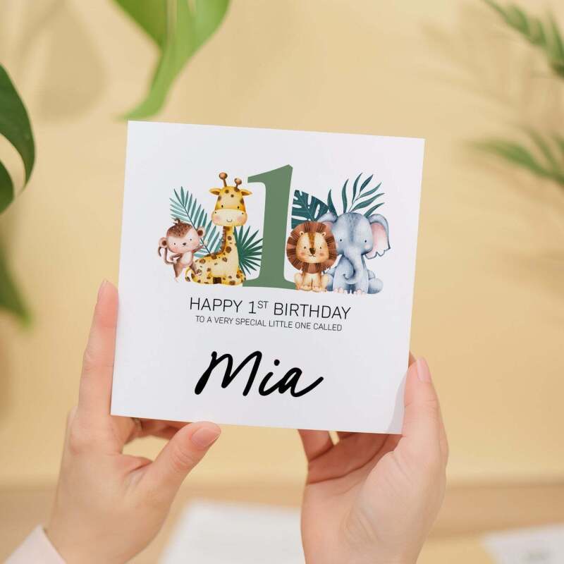 Personalised 1st Birthday Children's Card Jungle Themed First Birthday Card For Boy or Girl One Year Custom Card - Square (5.5x5.5) / Blank Inside