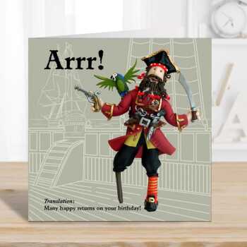 Arrrr! Pirate themed birthday card - designed by Erica Sturla - 15cm square and blank inside, made in the UK