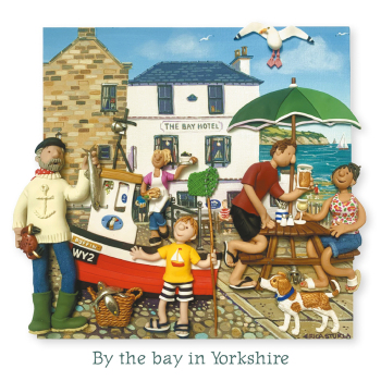 Holy Mackerel By the bay in Yorkshire greetings card, designed by Erica Sturla Card is 150mm square and blank inside.