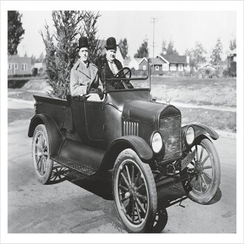 Laurel & Hardy with their Christmas tree, a 127 x 175mm Alternative Image Christmas card featuring a vintage black and white photo, message inside says Happy Christmas