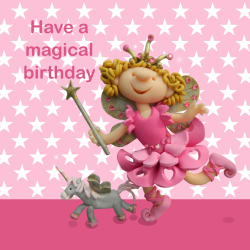 Holy Mackerel magical birthday card for a little girl featuring a child dressed as a fairy - designed by artist Erica Sturla - 15cm square and blank inside for your message - made in the UK