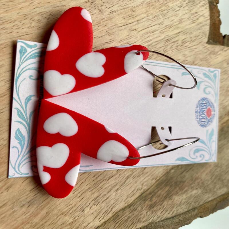 Handmade Red Heart Hoop Earrings | Polymer Clay Jewelry - silver