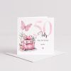 Personalised 50th Birthday Card for Her Pink Butterfly, Gift Box & Flowers Milestone Greeting Womens - Smooth No Message - Kraft Brown