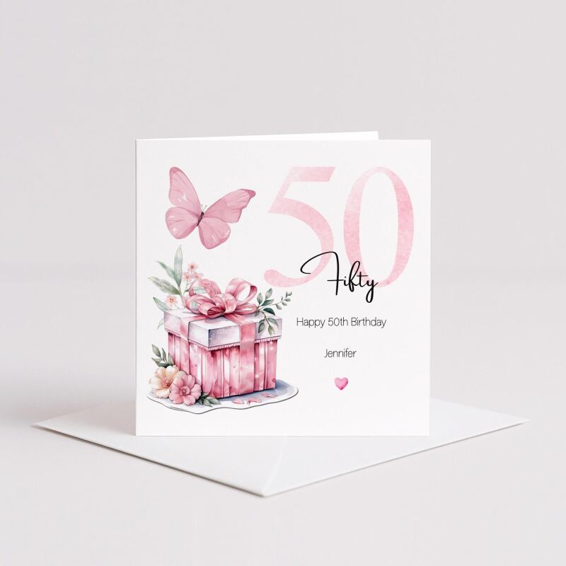 Personalised 50th Birthday Card for Her Pink Butterfly, Gift Box & Flowers Milestone Greeting Womens - Smooth No Message - Kraft Brown