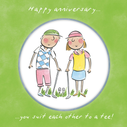 Holy Mackerel You suit each other to a tee, a 15cm square golf themed wedding anniversary card featuring Rosie Brooks artwork, blank inside for your message