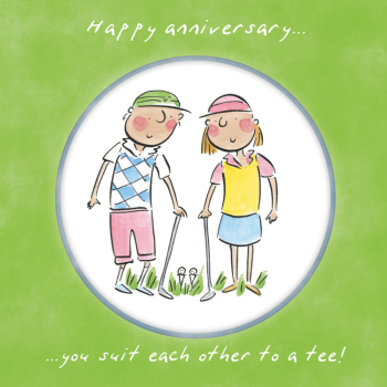 Holy Mackerel You suit each other to a tee, a 15cm square golf themed wedding anniversary card featuring Rosie Brooks artwork, blank inside for your message