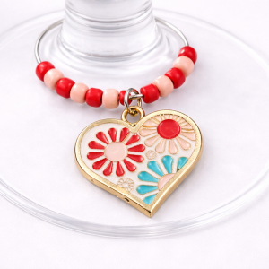 Handmade Wine Glass Charm - Enamel Floral Pink Heart