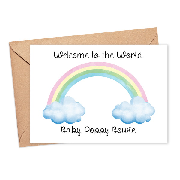 Personalised New Baby Card - Watercolour Rainbow Welcome Baby - Small (A6)