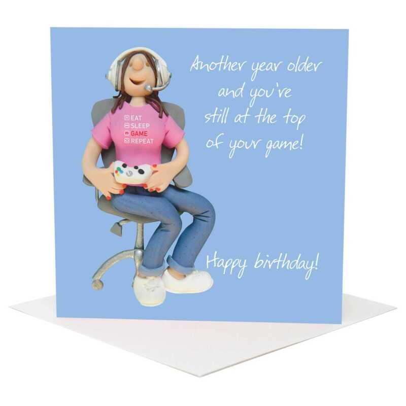 Funny Female Gamer Birthday Card - Polymer Clay Art by Erica Sturla - Gaming Birthday Card UK
