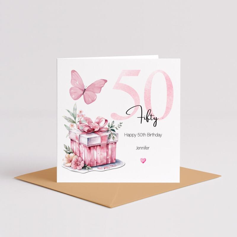 Personalised 50th Birthday Card for Her Pink Butterfly, Gift Box & Flowers Milestone Greeting Womens - Smooth No Message - Kraft Brown
