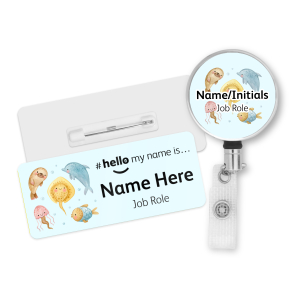 Name Badge & Metal ID Reel - Watercolour Sea Creatures Hello My Name is...